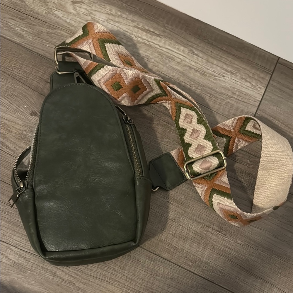 Olive Green Crossbody Bag with Patterned Strap